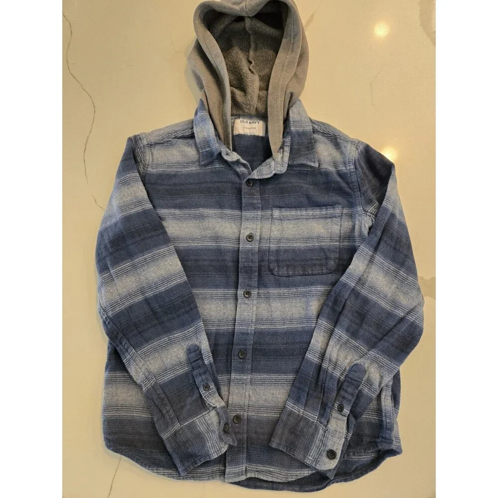 ​Old Navy L 10-12 Plus Striped Hooded Flannel Shirt Kids Blue Plaid Shacket